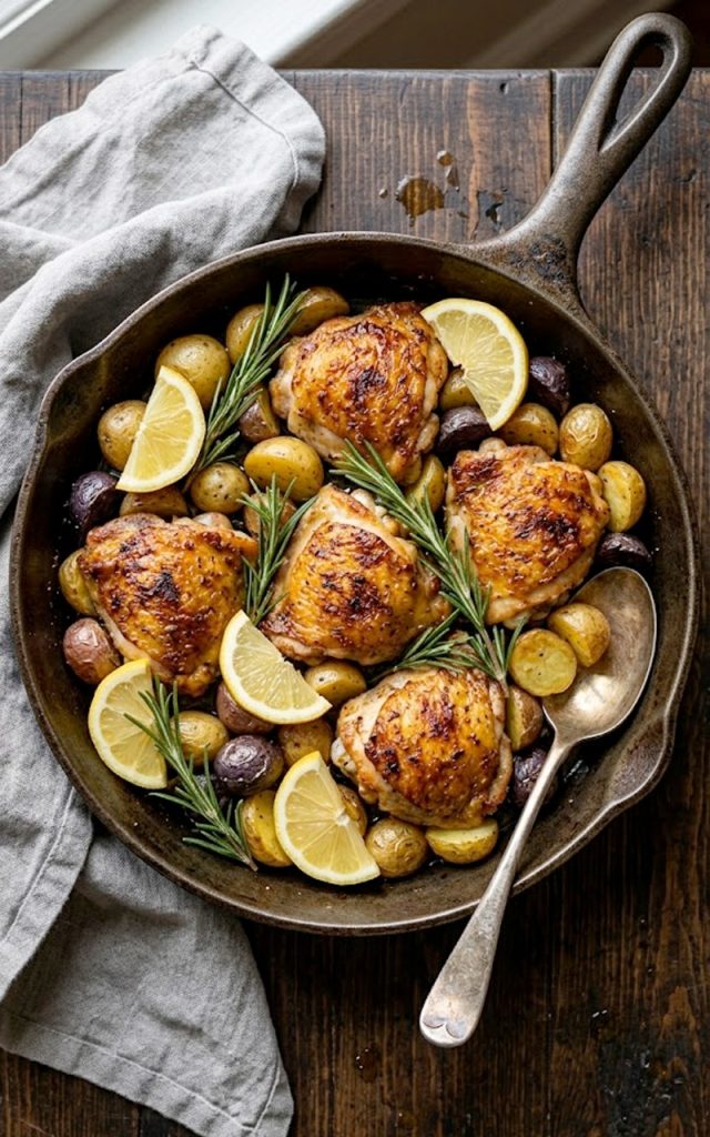 Crispy lemon herb chicken thighs with roasted baby potatoes in a cast iron skillet garnished with fresh rosemary and lemon slices