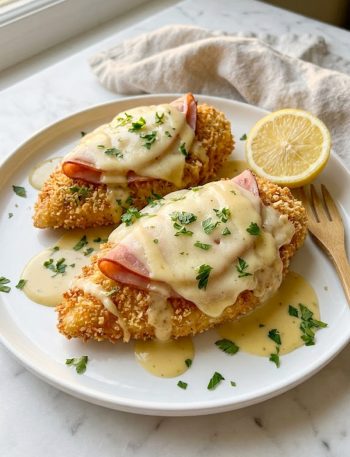 A close-up of golden crispy breaded Malibu chicken topped with savory ham, melted Swiss cheese, and a drizzle of creamy honey mustard sauce garnished with fresh parsley and a lemon wedge on a white plate