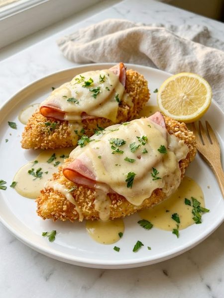 A close-up of golden crispy breaded Malibu chicken topped with savory ham, melted Swiss cheese, and a drizzle of creamy honey mustard sauce garnished with fresh parsley and a lemon wedge on a white plate