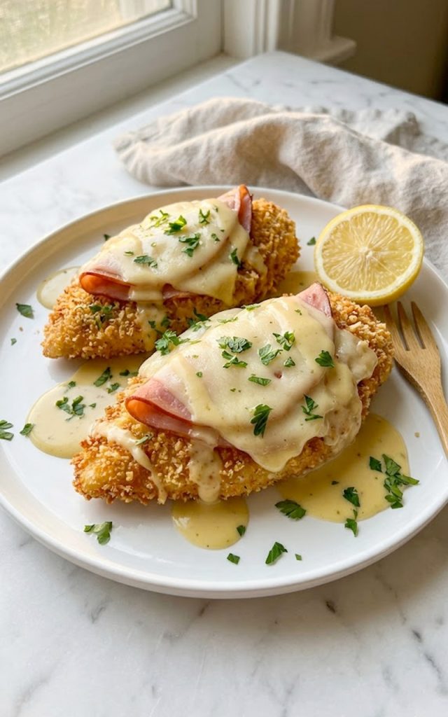 A close-up of golden crispy breaded Malibu chicken topped with savory ham, melted Swiss cheese, and a drizzle of creamy honey mustard sauce garnished with fresh parsley and a lemon wedge on a white plate