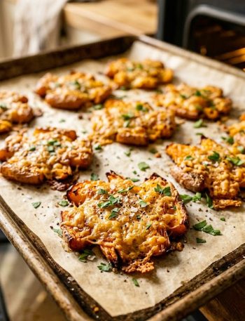 Golden crispy smashed carrots coated in parmesan cheese and garnished with fresh parsley on a parchment lined baking sheet fresh out of the oven