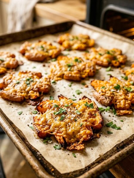 Golden crispy smashed carrots coated in parmesan cheese and garnished with fresh parsley on a parchment lined baking sheet fresh out of the oven