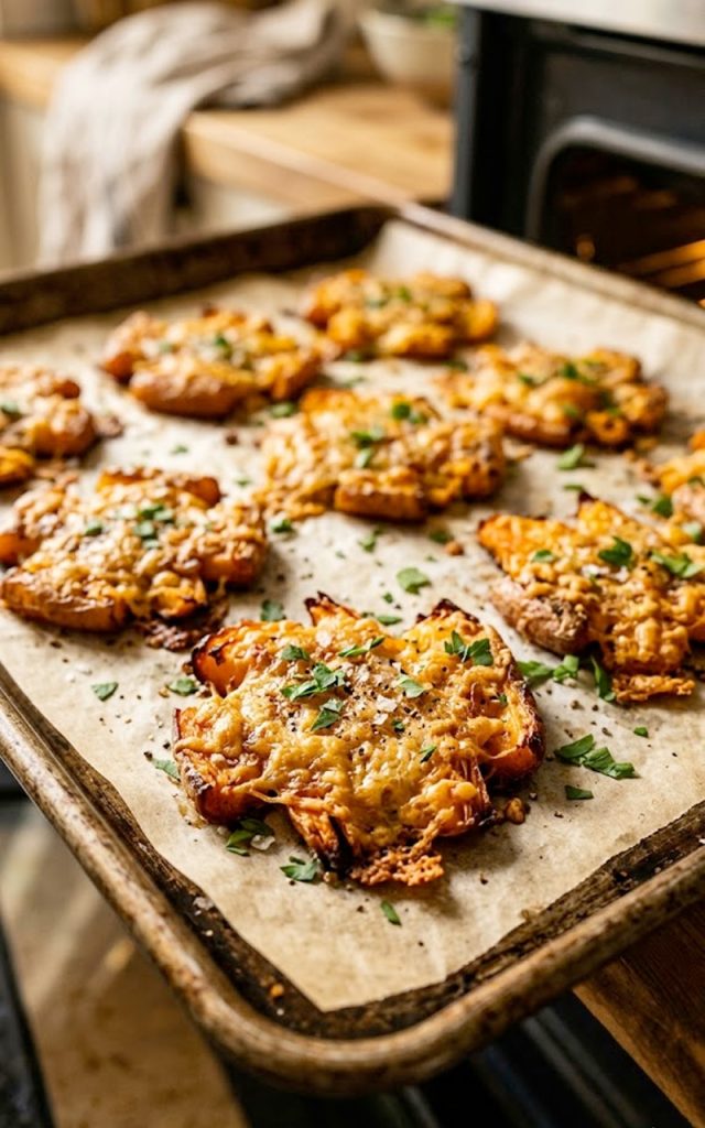 Golden crispy smashed carrots coated in parmesan cheese and garnished with fresh parsley on a parchment lined baking sheet fresh out of the oven