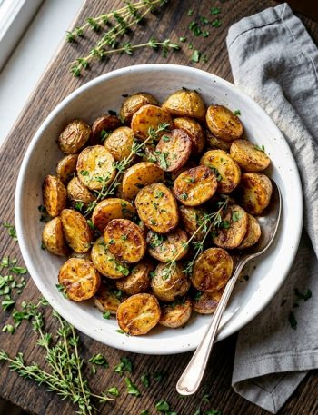 A large white bowl filled with golden crispy oven roasted baby potatoes seasoned with garlic, fresh thyme, and rosemary, garnished with chopped parsley