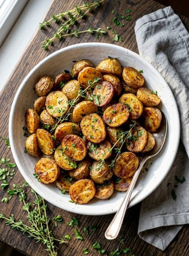 A large white bowl filled with golden crispy oven roasted baby potatoes seasoned with garlic, fresh thyme, and rosemary, garnished with chopped parsley