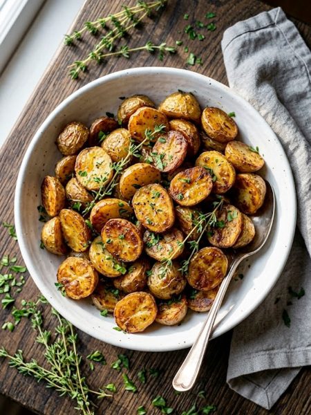 A large white bowl filled with golden crispy oven roasted baby potatoes seasoned with garlic, fresh thyme, and rosemary, garnished with chopped parsley
