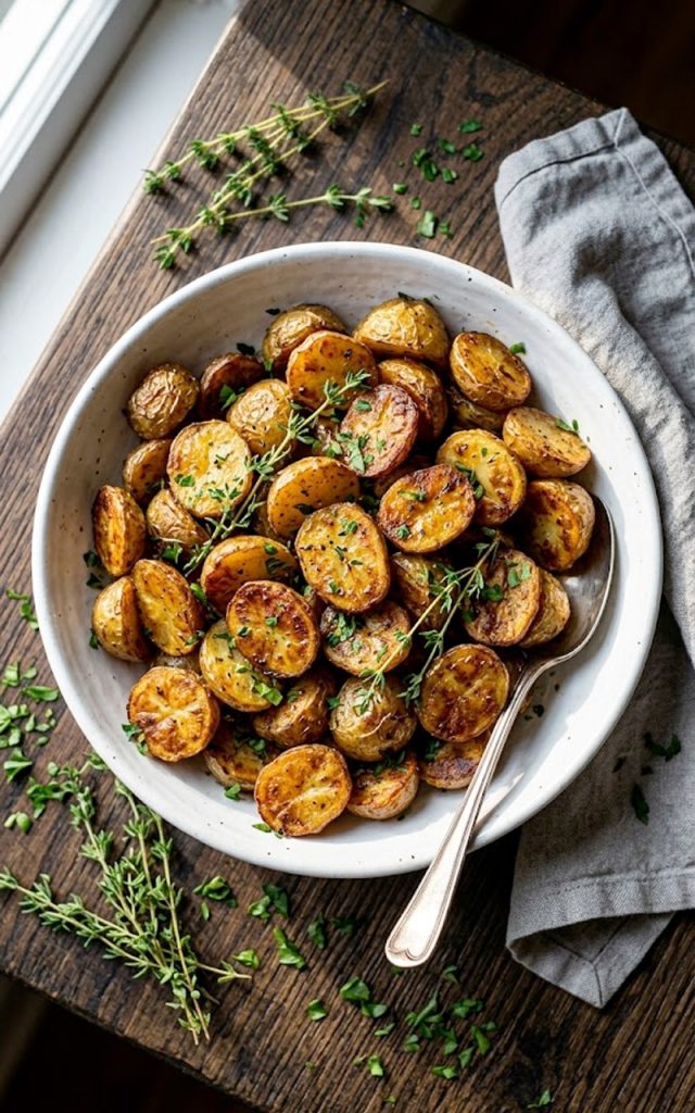 A large white bowl filled with golden crispy oven roasted baby potatoes seasoned with garlic, fresh thyme, and rosemary, garnished with chopped parsley