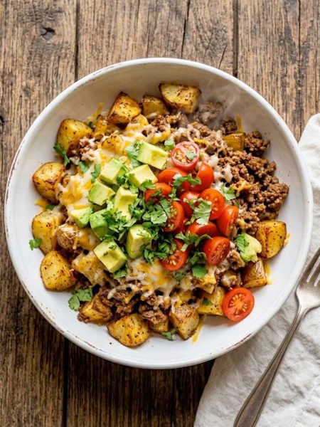 A white bowl filled with crispy roasted potato chunks topped with seasoned ground beef, melted cheese, diced avocado, cherry tomatoes, and fresh cilantro
