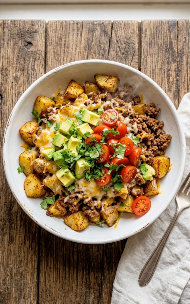 A white bowl filled with crispy roasted potato chunks topped with seasoned ground beef, melted cheese, diced avocado, cherry tomatoes, and fresh cilantro