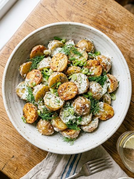 A large bowl of crispy roasted potato salad tossed with fresh dill, green onions, and creamy herb dressing
