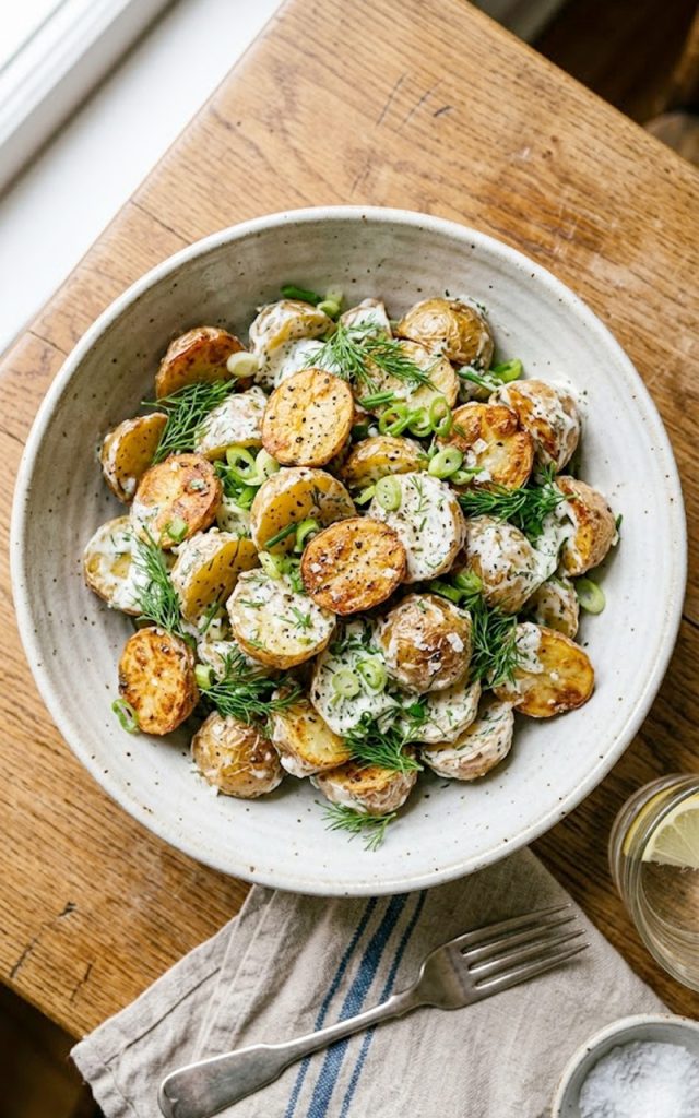 A large bowl of crispy roasted potato salad tossed with fresh dill, green onions, and creamy herb dressing