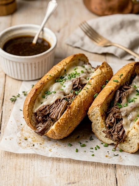 Crockpot French dip sandwiches on a wooden board with a small bowl of au jus for dipping