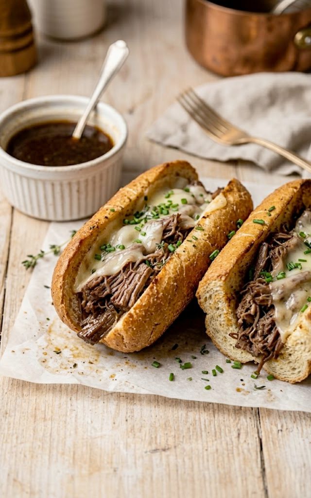 Crockpot French dip sandwiches on a wooden board with a small bowl of au jus for dipping