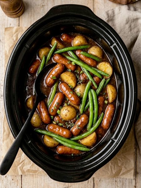 Crockpot Lil Smokies, potatoes and green beans coated in a rich savory-sweet sauce inside a black slow cooker
