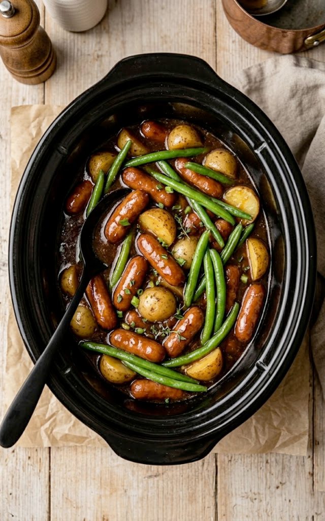 Crockpot Lil Smokies, potatoes and green beans coated in a rich savory-sweet sauce inside a black slow cooker