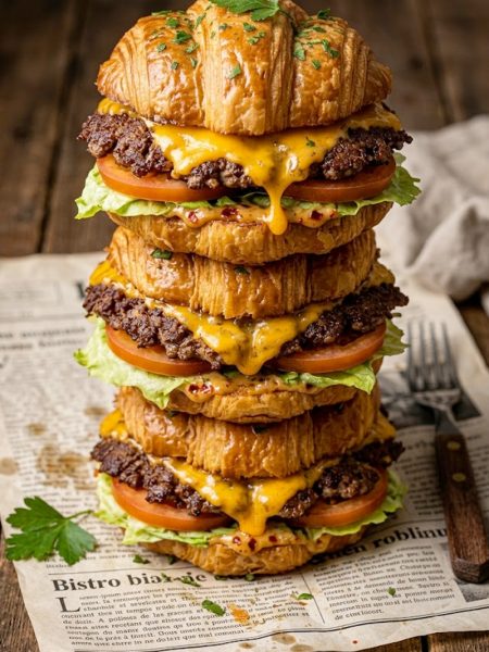 Three croissant smash burgers stacked on newspaper with melted cheddar, fresh lettuce, tomato and creamy smash sauce