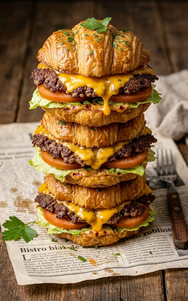 Three croissant smash burgers stacked on newspaper with melted cheddar, fresh lettuce, tomato and creamy smash sauce