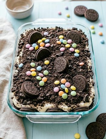 A festive Easter dirt cake casserole in a glass dish topped with colorful pastel M&Ms and whole Oreo cookies on a light spring table setting