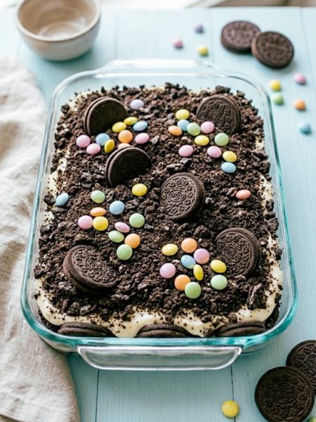 A festive Easter dirt cake casserole in a glass dish topped with colorful pastel M&Ms and whole Oreo cookies on a light spring table setting