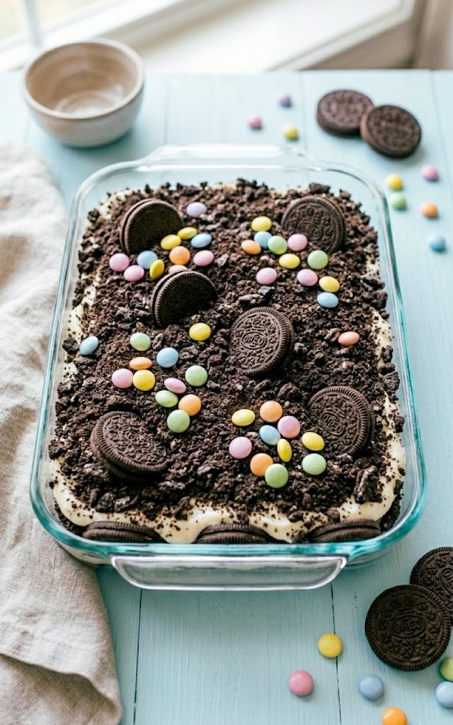 A festive Easter dirt cake casserole in a glass dish topped with colorful pastel M&Ms and whole Oreo cookies on a light spring table setting