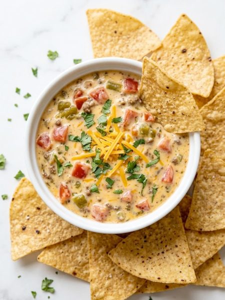 Overhead view of creamy Rotel cheese dip in a white ramekin garnished with cilantro and surrounded by tortilla chips on a marble surface