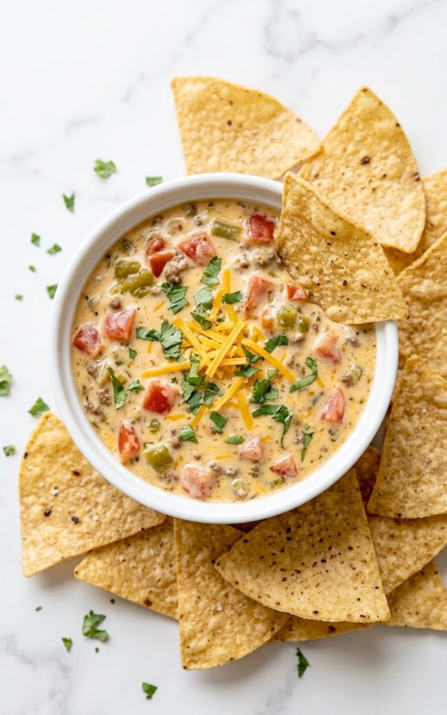 Overhead view of creamy Rotel cheese dip in a white ramekin garnished with cilantro and surrounded by tortilla chips on a marble surface