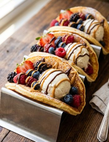 Overhead view of three golden pancake tacos in a metal taco rack filled with vanilla ice cream, fresh berries, chocolate drizzle, and peanut butter