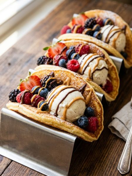 Overhead view of three golden pancake tacos in a metal taco rack filled with vanilla ice cream, fresh berries, chocolate drizzle, and peanut butter