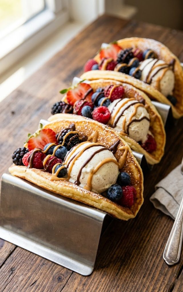 Overhead view of three golden pancake tacos in a metal taco rack filled with vanilla ice cream, fresh berries, chocolate drizzle, and peanut butter