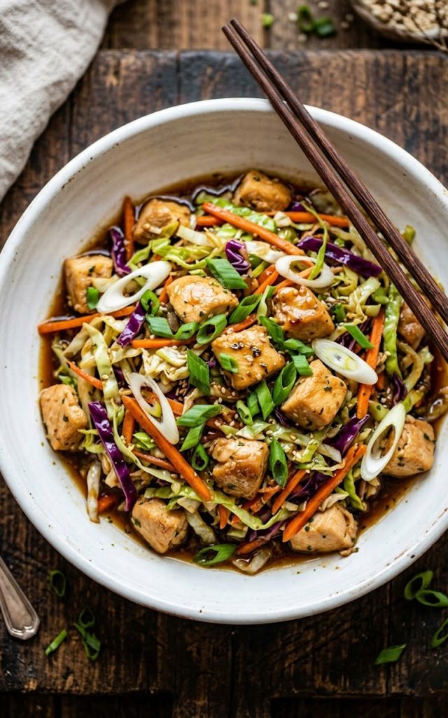 A white ceramic bowl filled with savory egg roll bowl featuring diced chicken shredded green and purple cabbage carrots and green onions in a glossy soy ginger garlic sauce on a rustic wooden surface