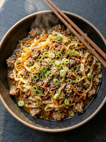 A bowl of egg roll in a bowl with seasoned ground beef, wilted cabbage, carrots, green onions, and sesame seeds on a dark slate surface.