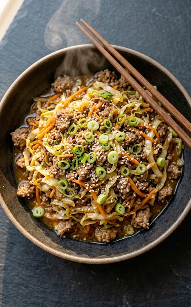 A bowl of egg roll in a bowl with seasoned ground beef, wilted cabbage, carrots, green onions, and sesame seeds on a dark slate surface.