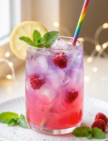 A glass of enchanted unicorn lemonade with pink and purple color layers topped with fresh raspberries lemon slice mint and edible glitter on a white plate