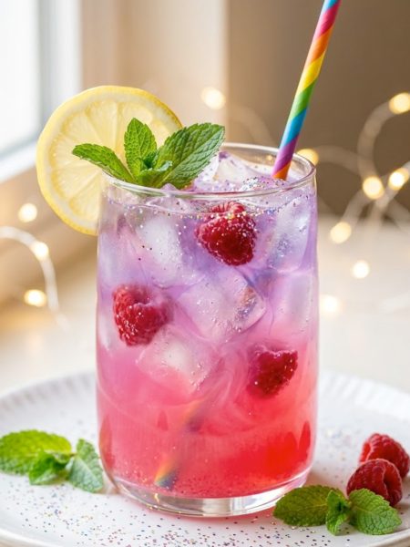 A glass of enchanted unicorn lemonade with pink and purple color layers topped with fresh raspberries lemon slice mint and edible glitter on a white plate