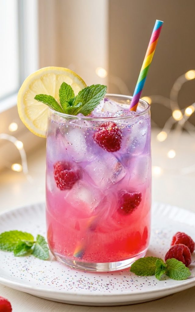 A glass of enchanted unicorn lemonade with pink and purple color layers topped with fresh raspberries lemon slice mint and edible glitter on a white plate