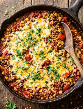 Flavorful Mexican lentils with black beans corn and fire roasted tomatoes in a cast iron skillet topped with melted cheese and garnished with fresh parsley