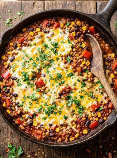 Flavorful Mexican lentils with black beans corn and fire roasted tomatoes in a cast iron skillet topped with melted cheese and garnished with fresh parsley
