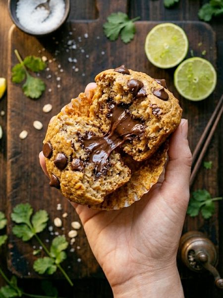Soft flourless peanut butter banana muffins with melty chocolate chips on a white plate, one muffin broken open to reveal the fudgy chocolate center