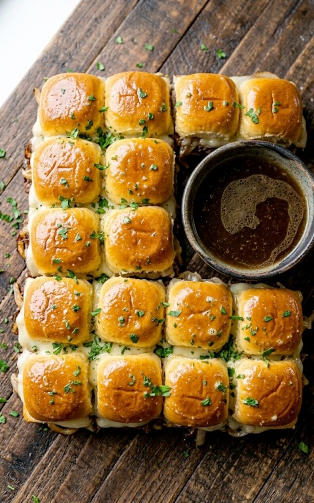Golden French dip sliders on a wooden board with a small bowl of beef broth dipping sauce on the side