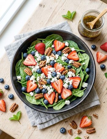 A large bowl of fresh spinach salad topped with sliced strawberries, blueberries, candied pecans, and crumbled feta cheese, drizzled with balsamic vinaigrette