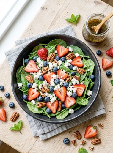 A large bowl of fresh spinach salad topped with sliced strawberries, blueberries, candied pecans, and crumbled feta cheese, drizzled with balsamic vinaigrette