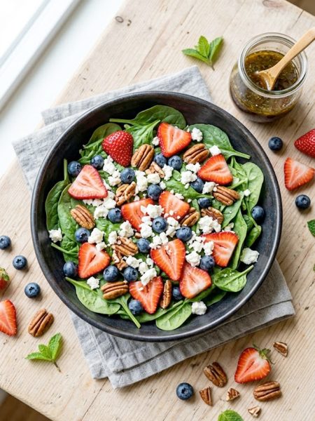 A large bowl of fresh spinach salad topped with sliced strawberries, blueberries, candied pecans, and crumbled feta cheese, drizzled with balsamic vinaigrette