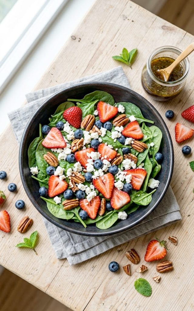 A large bowl of fresh spinach salad topped with sliced strawberries, blueberries, candied pecans, and crumbled feta cheese, drizzled with balsamic vinaigrette