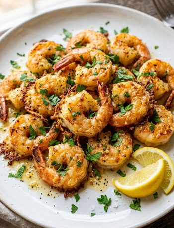 Golden garlic parmesan roasted shrimp on a white plate garnished with fresh parsley and lemon wedges