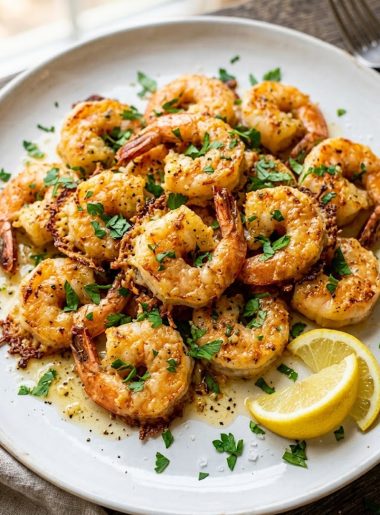 Golden garlic parmesan roasted shrimp on a white plate garnished with fresh parsley and lemon wedges