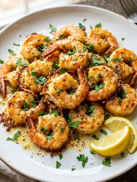 Golden garlic parmesan roasted shrimp on a white plate garnished with fresh parsley and lemon wedges