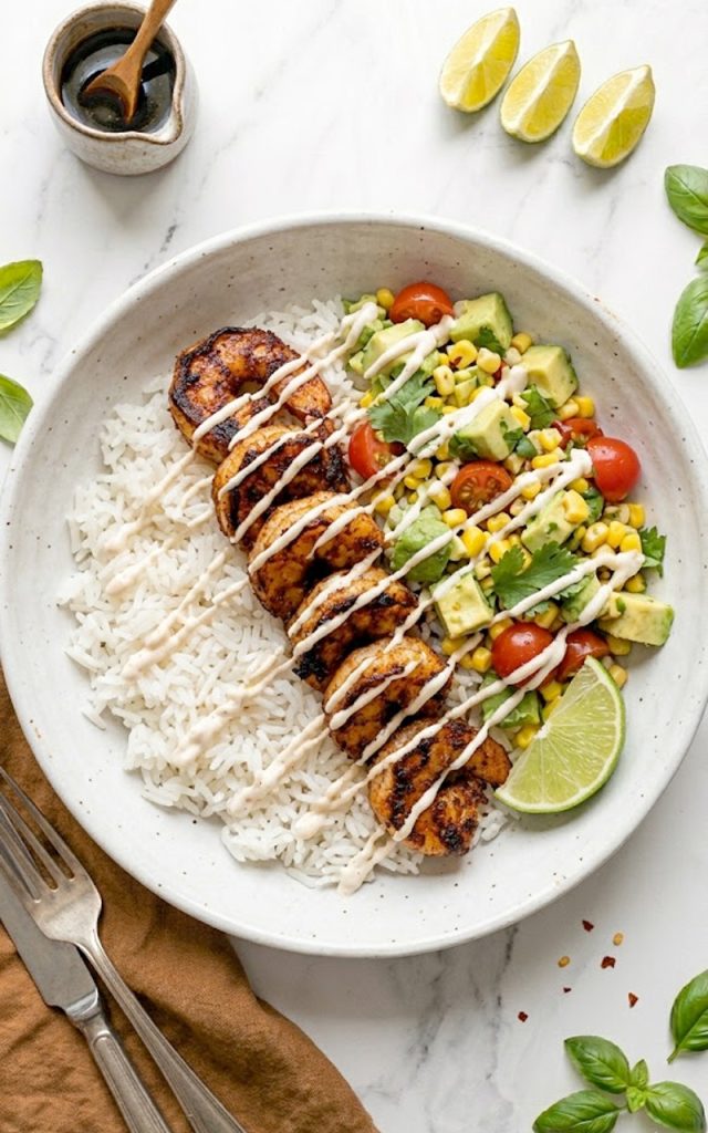 A white ceramic bowl filled with fluffy white rice topped with smoky seared garlic shrimp avocado corn salsa cherry tomatoes fresh cilantro and a creamy spicy mayo drizzle with a lime wedge on the side