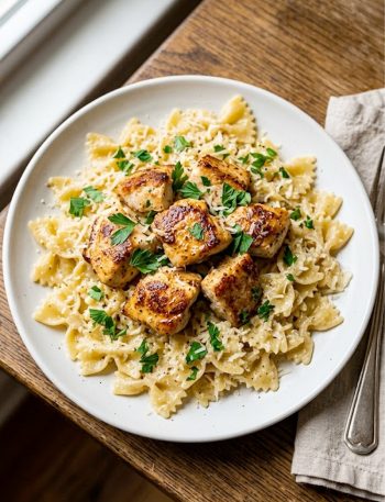 Garlic butter chicken with bowtie pasta served on a white plate garnished with fresh parsley