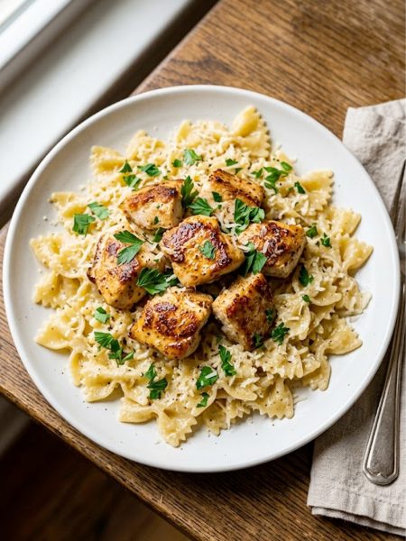 Garlic butter chicken with bowtie pasta served on a white plate garnished with fresh parsley