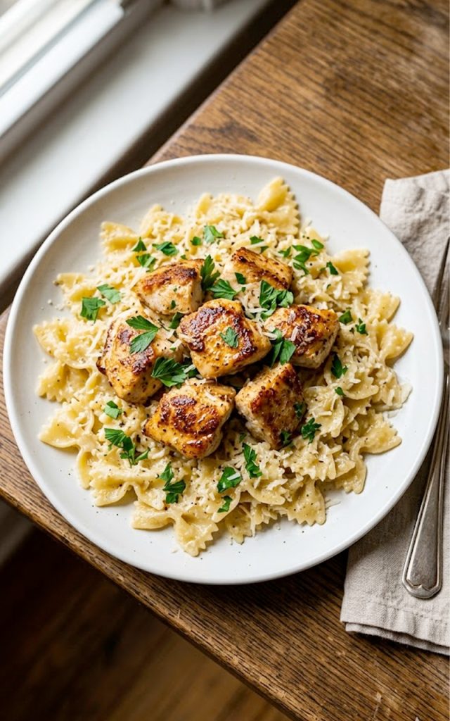 Garlic butter chicken with bowtie pasta served on a white plate garnished with fresh parsley